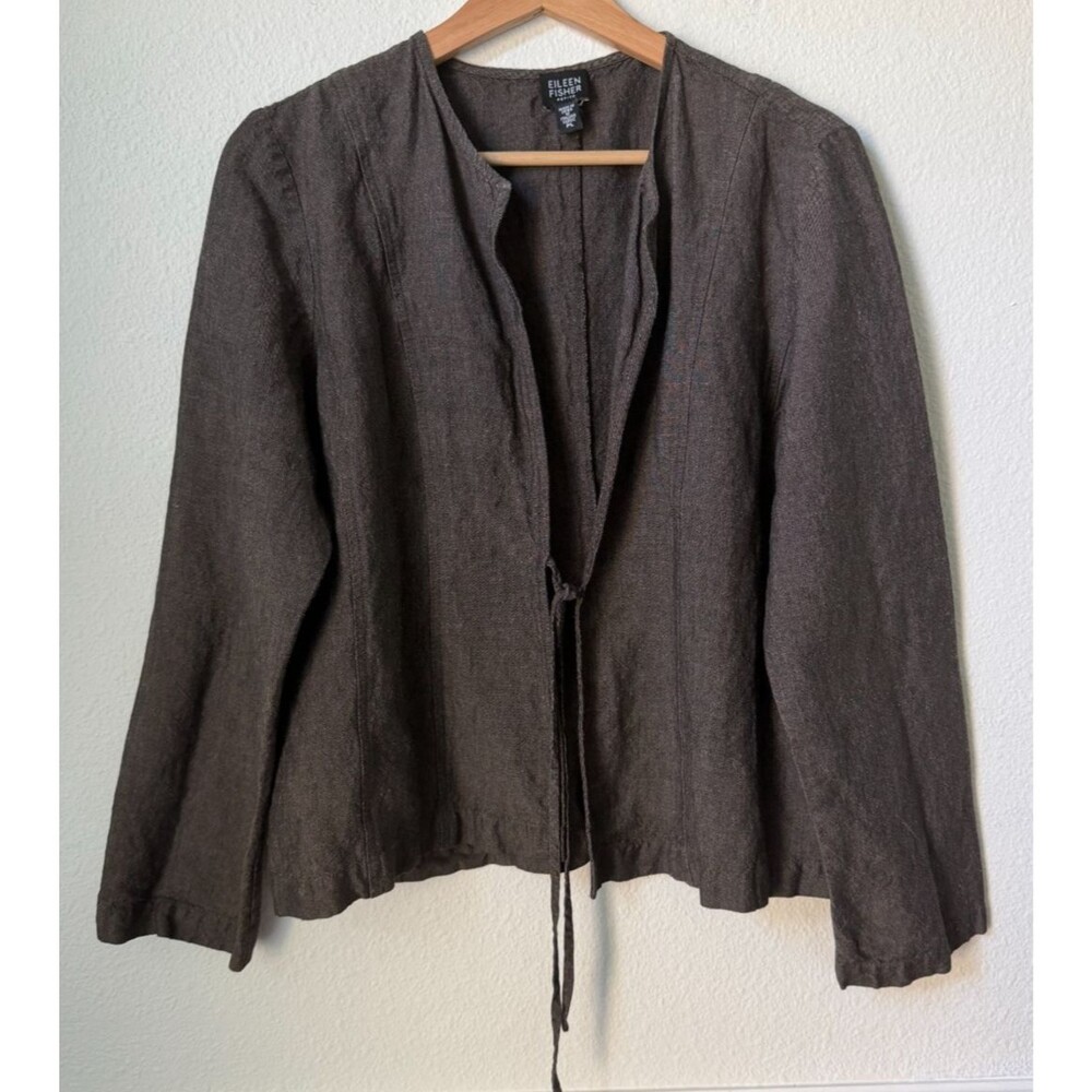 Eileen Fisher Jacket Womens Petite Large Brown Linen Blend Kimono Tie Front - Picture 1 of 10